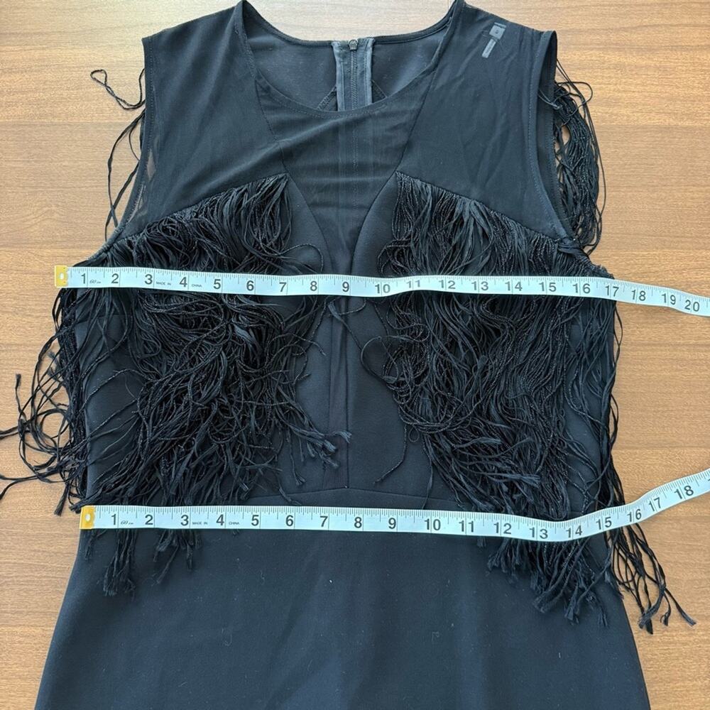 Sandro Paris | Women’s Black Deep V-Neck Mesh & Tassels Fringe Sleeveless Dress - Picture 12 of 14